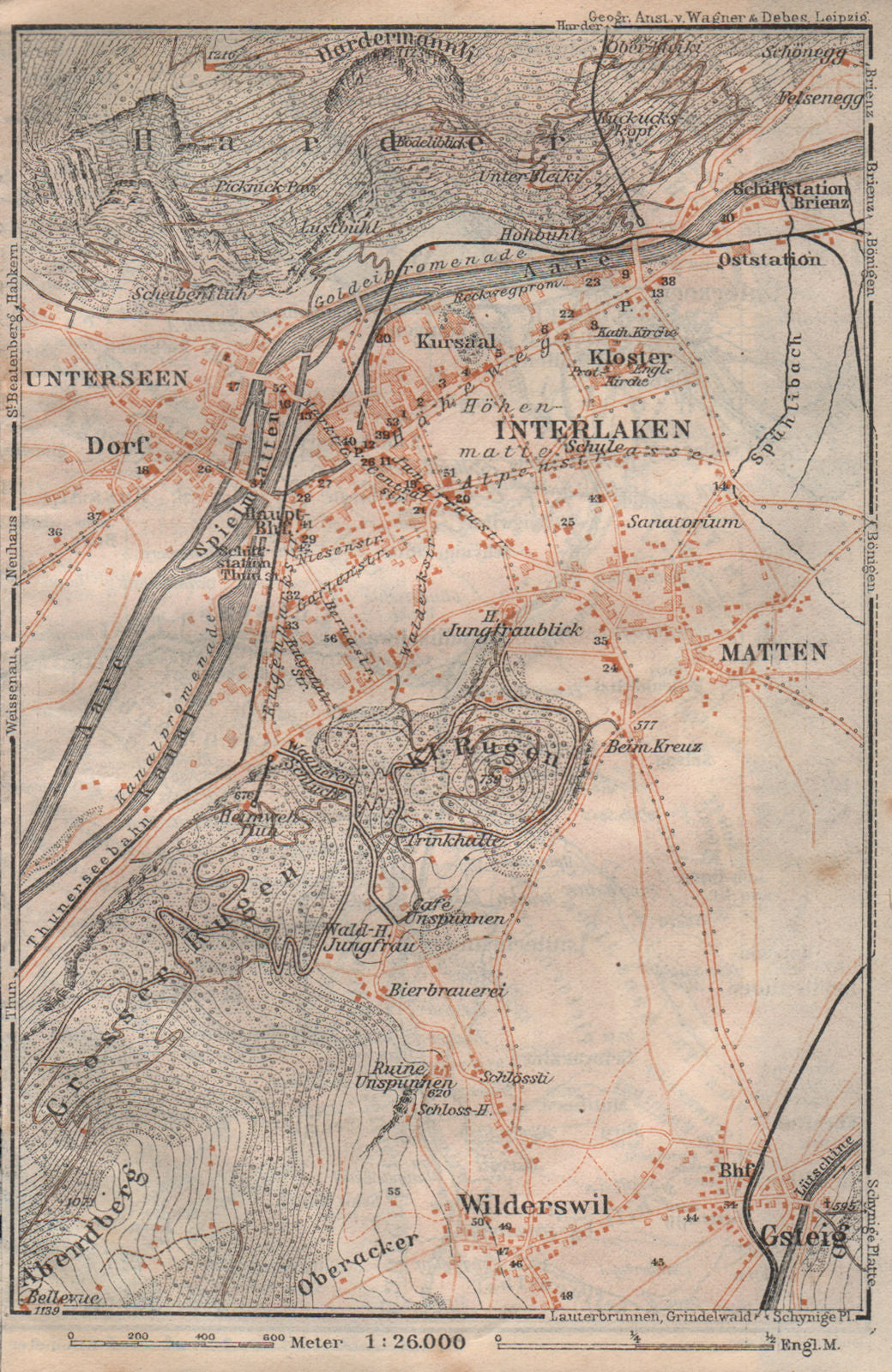 INTERLAKEN ENVIRONS. Unterseen Matten Aarmuhle Wilderswyl. Schweiz 1922 map